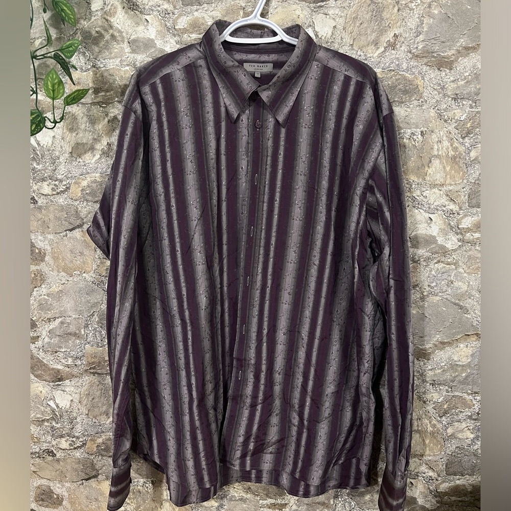Ted Baker Shirt Size 7 Purple Stripes Embossed floral Button Up Long Sleeve